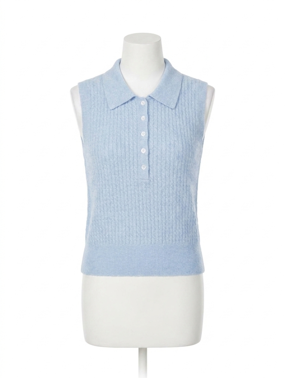 NEW WHITE + WARREN women's cashmere cable sleeveless polo in pale blue